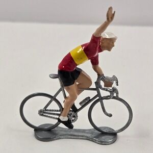 Vintage B&E Miniature Cyclist Figurine Red Yellow Jersey Metal Race Bike Model